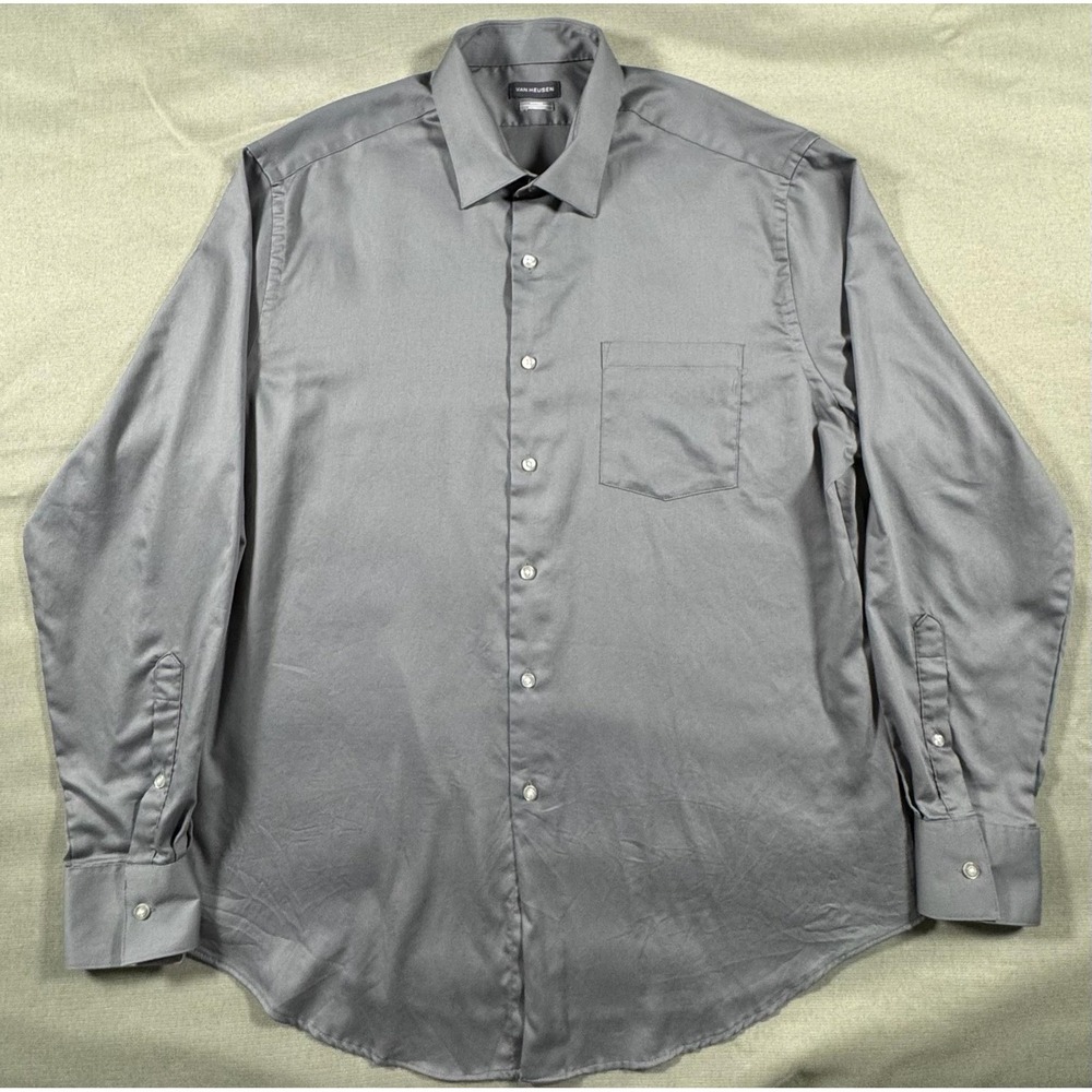 Van Heusen Mens Gray Slim Fit Stretch Dress Shirt 17.5 34/35 XL Solid Woven